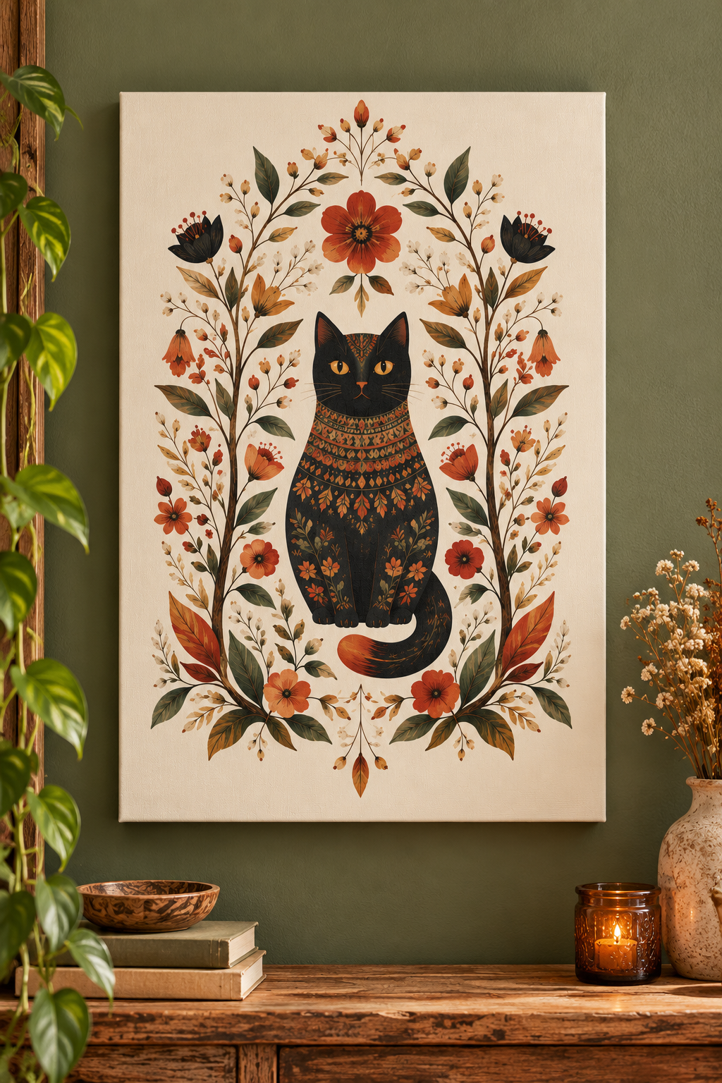 Boho Black Cat Canvas Wall Art – Vintage Floral Folk Art