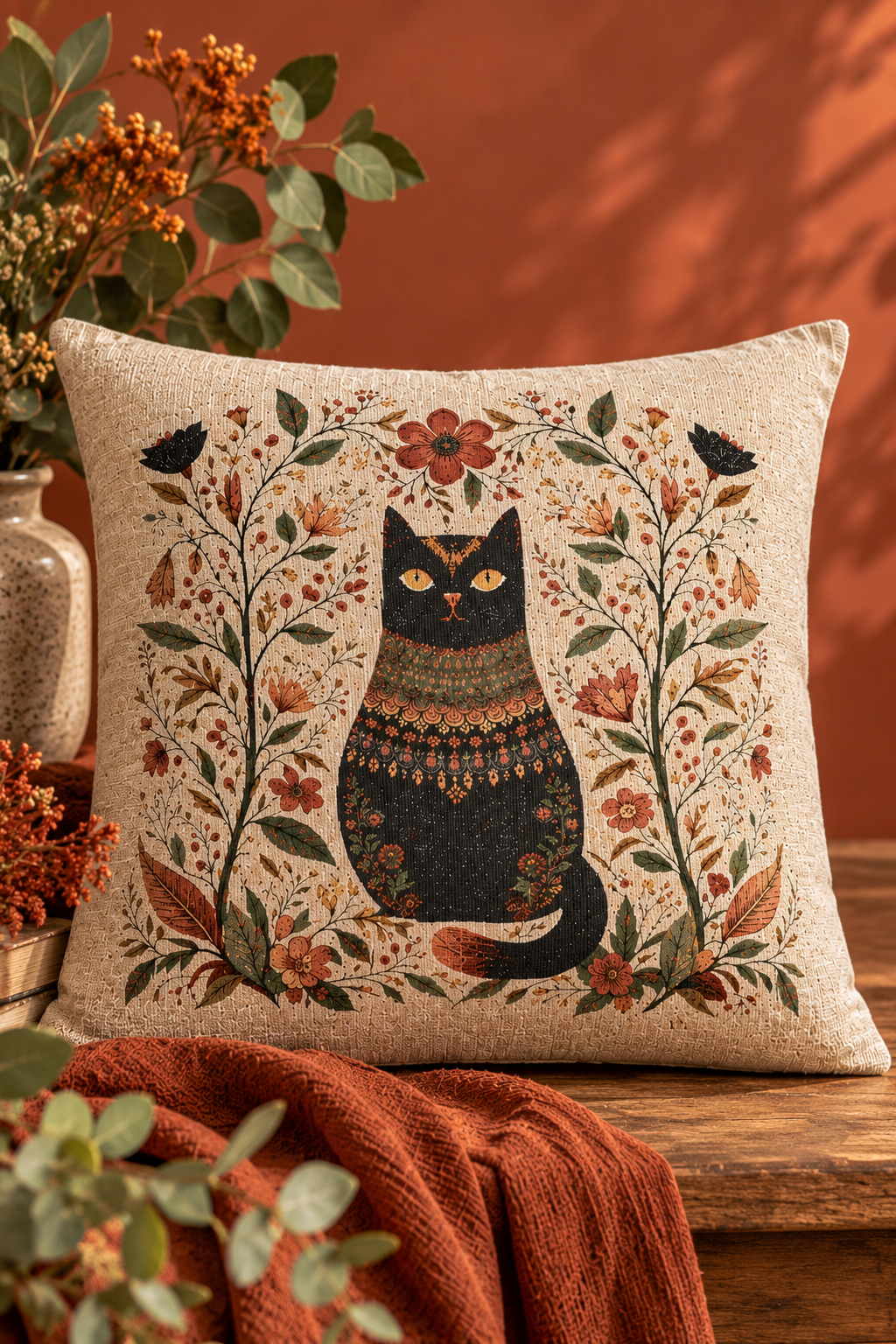 Boho Black Cat Woven Pillow, Vintage Floral Folk Art Cushion, Botanical Cat Lover Home Decor