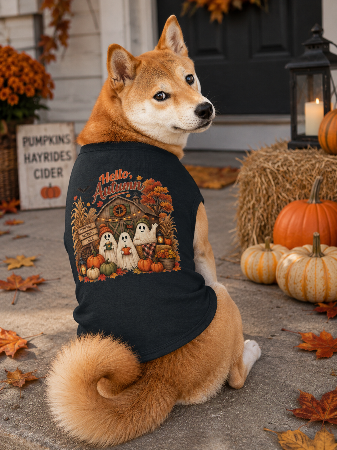 Shiba Inu wearing a black Hello Autumn dog shirt with vintage ghosts, pumpkins and barn design, sitting on a fall porch with pumpkins and leaves.