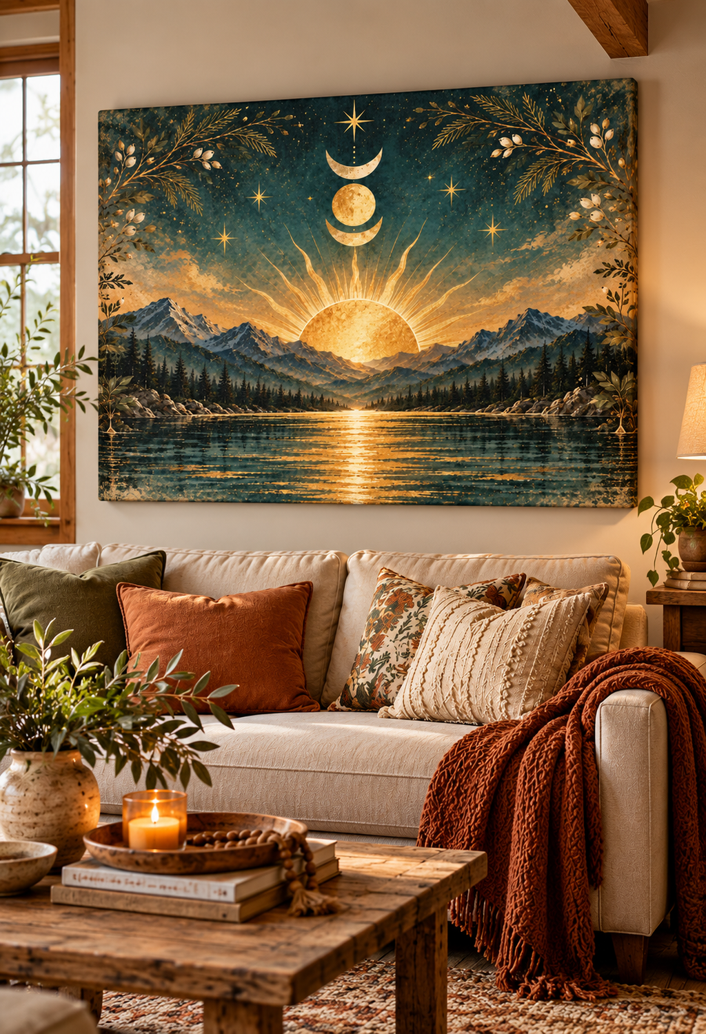 Celestial Sunrise Over Mountain Lake Canvas