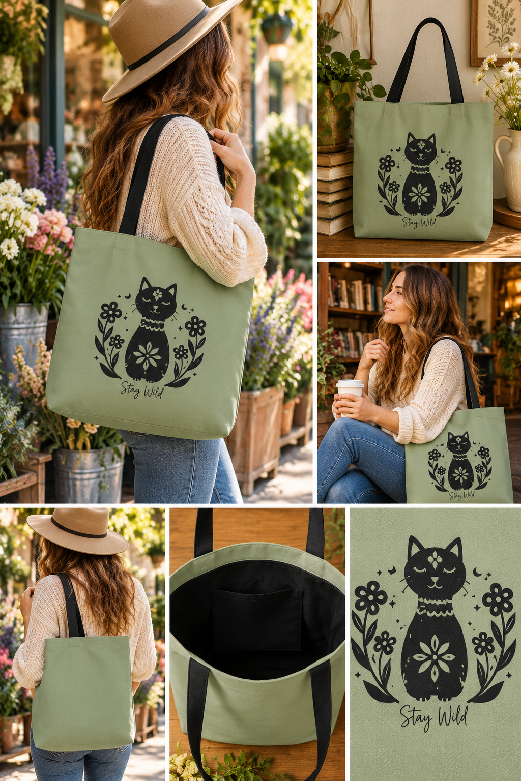 Stay Wild Black Cat Tote Bag | Sage Green Floral Tote