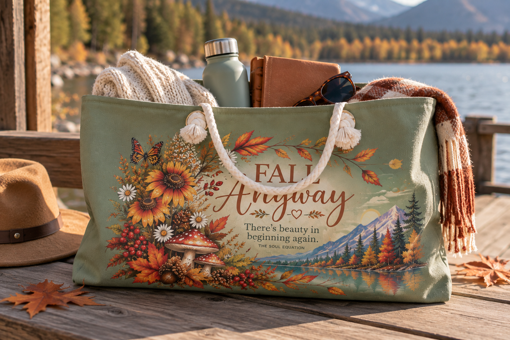 Spacious sage green autumn weekender tote filled with a sweater, travel journal, water bottle, sunglasses, and plaid scarf for a cozy fall getaway.