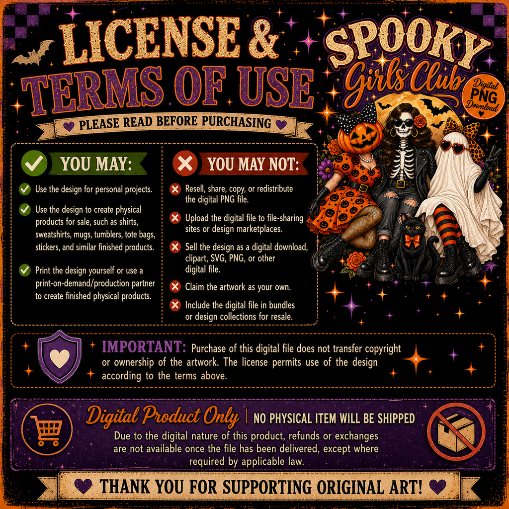 A digital graphic preview of a 'Spooky Girls Club' license and terms of use agreement for a digital PNG file. The design features a dark purple and orange color scheme with gothic typography, a witch illustration, and rules for digital product licensing.