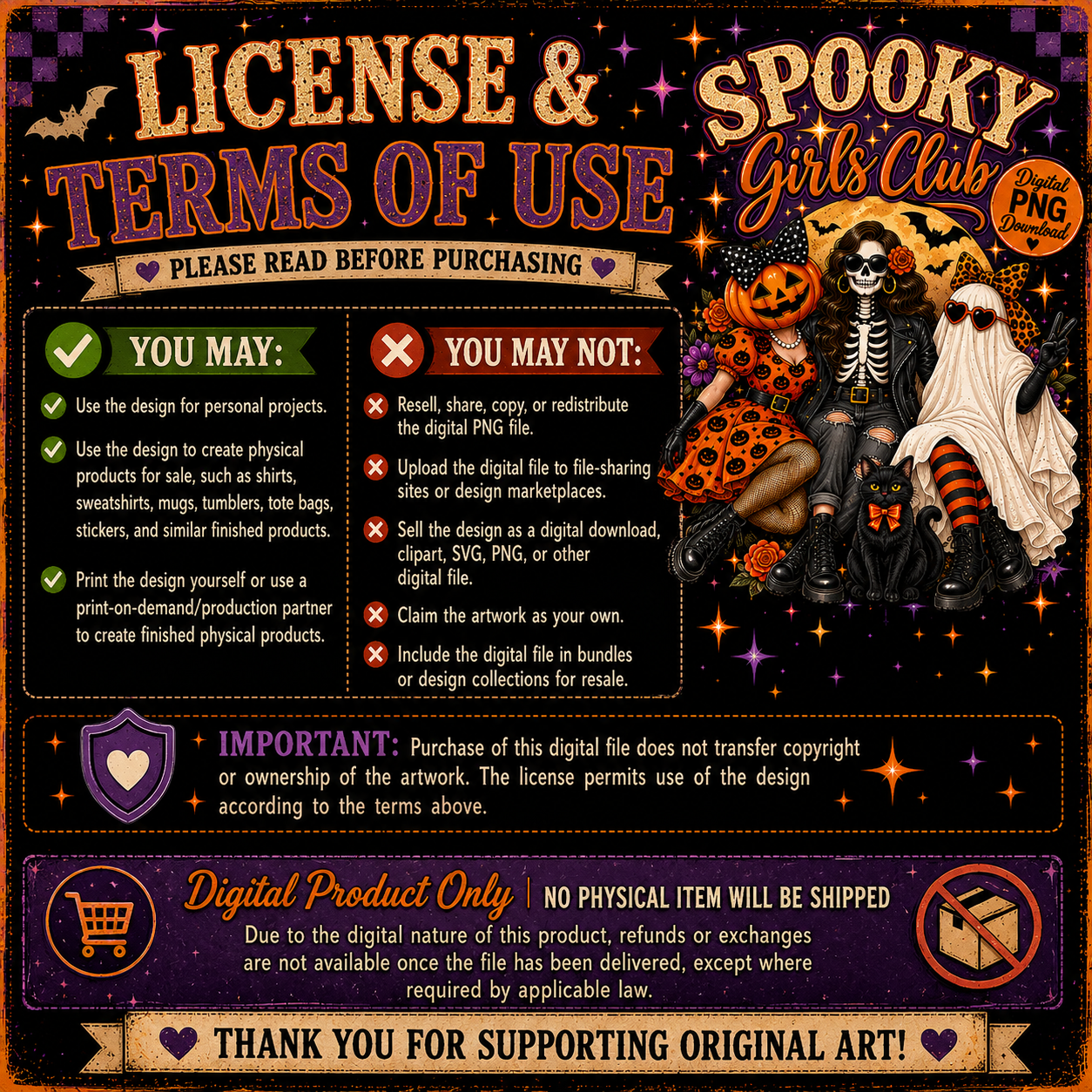 A digital graphic preview of a 'Spooky Girls Club' license and terms of use agreement for a digital PNG file. The design features a dark purple and orange color scheme with gothic typography, a witch illustration, and rules for digital product licensing.