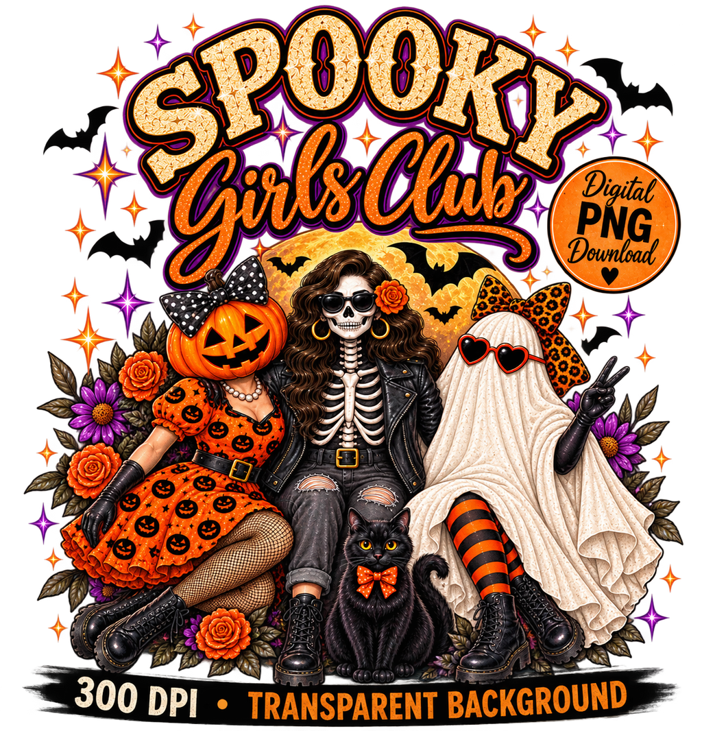 Digital graphic design for a Halloween-themed PNG download, featuring three girls in spooky costumes: a pumpkin-headed girl, a skeleton girl, and a ghost girl, with a black cat. The text 'SPOOKY Girls Club' is written at the top, with 'Digital PNG Download' in an orange badge, and '300 DPI • TRANSPARENT BACKGROUND' at the bottom.