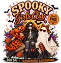 Digital graphic design for a Halloween-themed PNG download, featuring three girls in spooky costumes: a pumpkin-headed girl, a skeleton girl, and a ghost girl, with a black cat. The text 'SPOOKY Girls Club' is written at the top, with 'Digital PNG Download' in an orange badge, and '300 DPI • TRANSPARENT BACKGROUND' at the bottom.