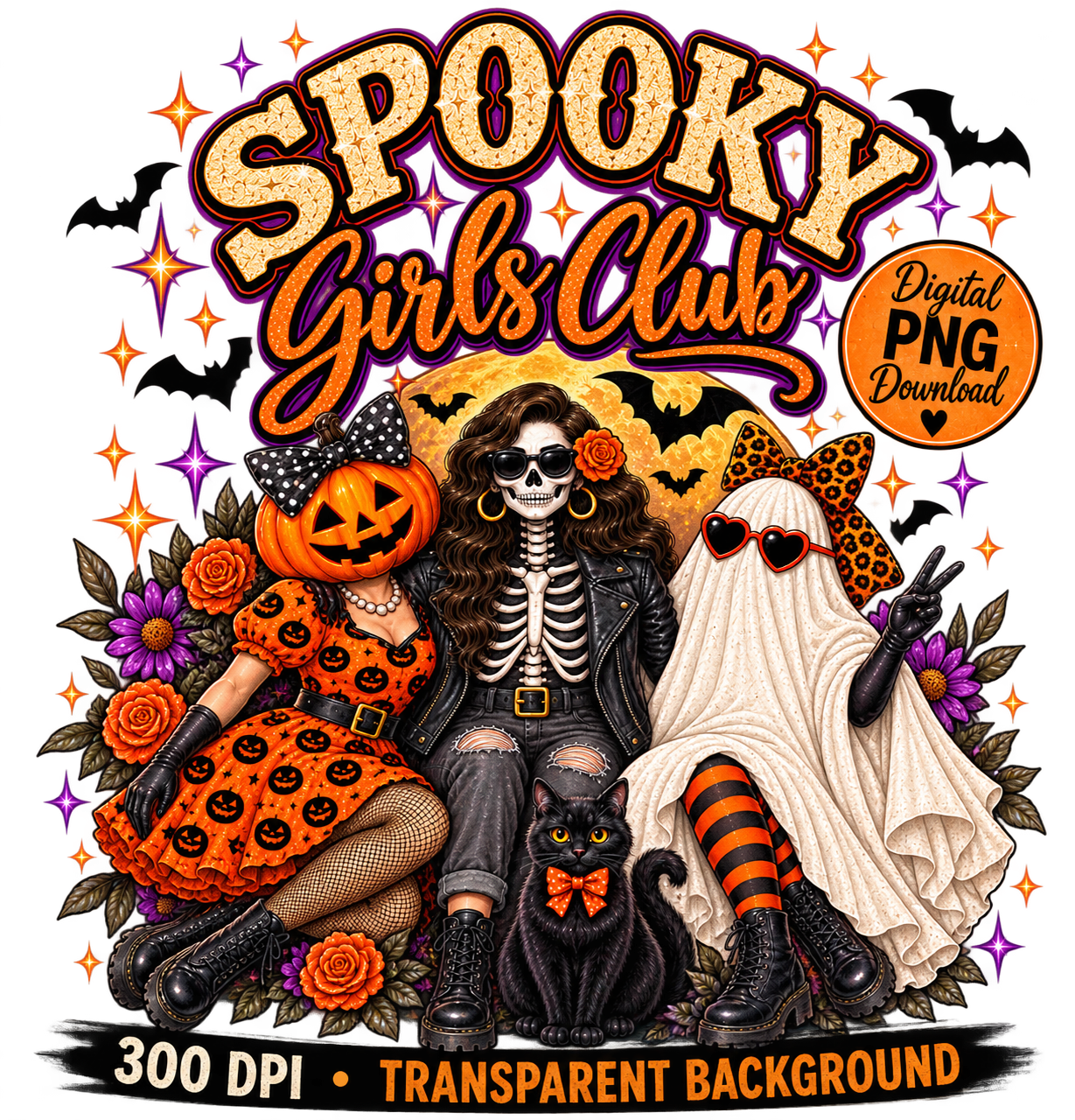 Digital graphic design for a Halloween-themed PNG download, featuring three girls in spooky costumes: a pumpkin-headed girl, a skeleton girl, and a ghost girl, with a black cat. The text 'SPOOKY Girls Club' is written at the top, with 'Digital PNG Download' in an orange badge, and '300 DPI • TRANSPARENT BACKGROUND' at the bottom.