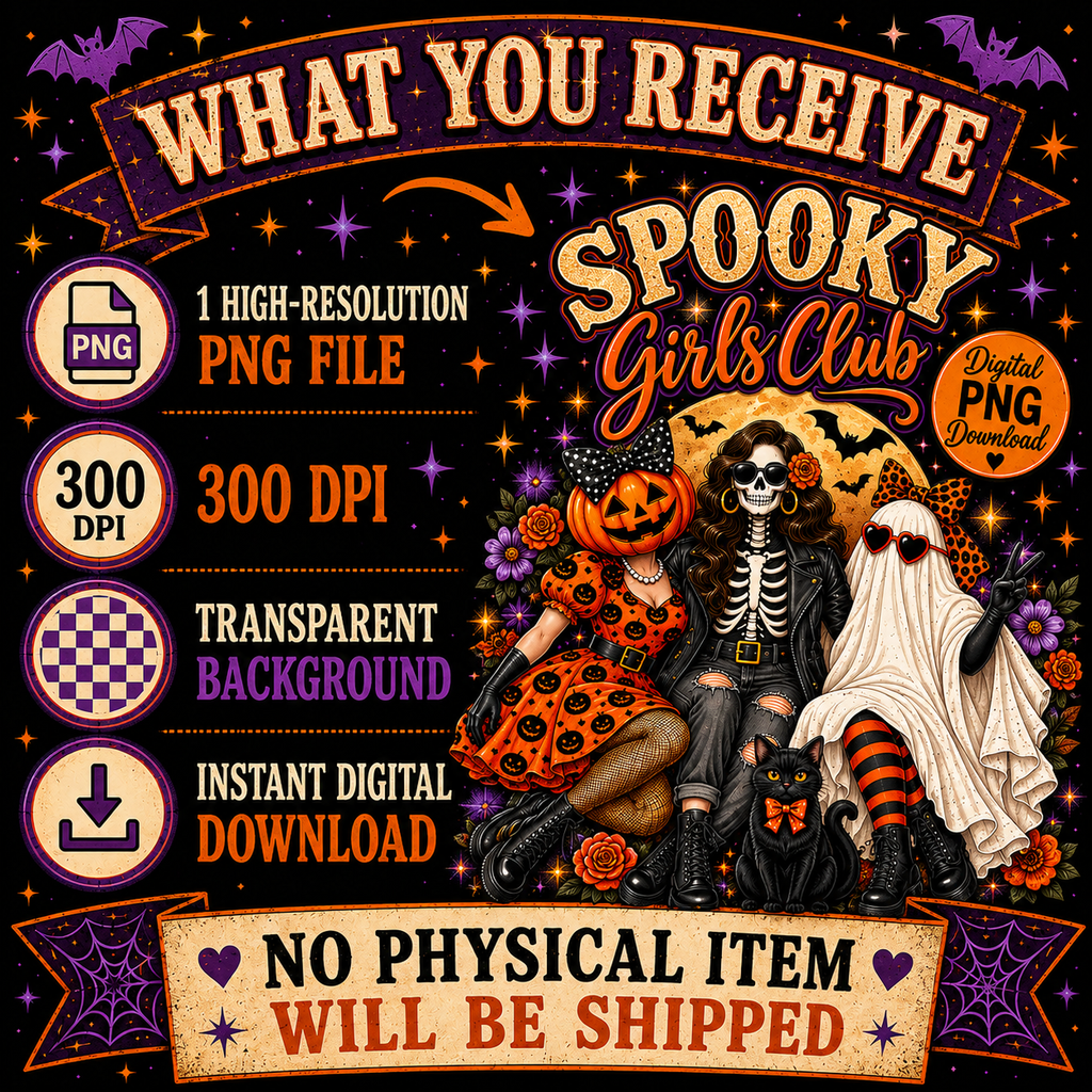 Promotional graphic for a digital Halloween-themed PNG file set titled 'Spooky Girls Club'. The design features a skeleton girl in an orange dress, a ghost girl in a white gown, and a black cat on a black background decorated with purple spiderwebs, bats, and stars.