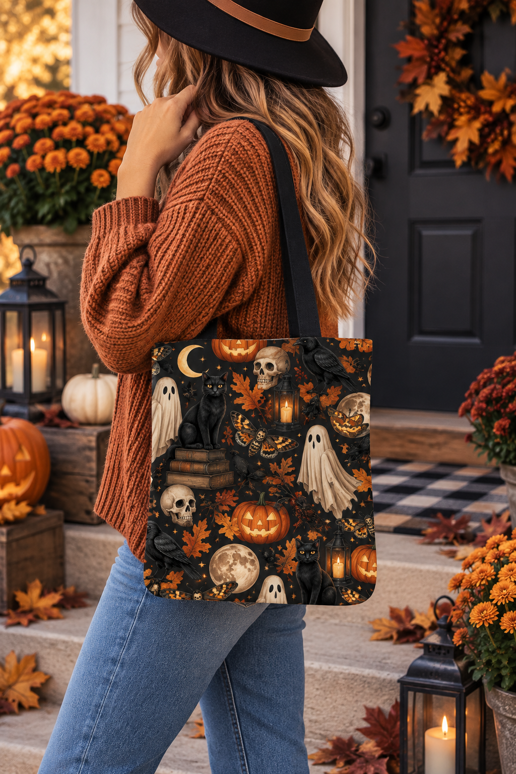 Cozy meets creepy with this vintage-inspired Halloween tote featuring black cats, ghosts, skulls, ravens, jack-o’-lanterns, moons, moths, lanterns and autumn leaves. Styled for crisp fall days, pumpkin patch trips, haunted-house nights and everyday October adventures, this spooky tote is made for Halloween lovers, gothic style fans, black cat lovers and anyone who wishes spooky season lasted all year.
