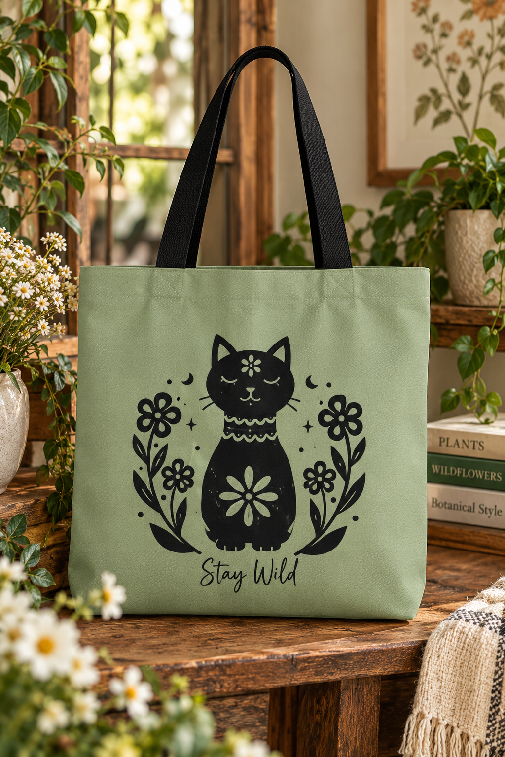 Stay Wild Black Cat Tote Bag | Sage Green Floral Tote