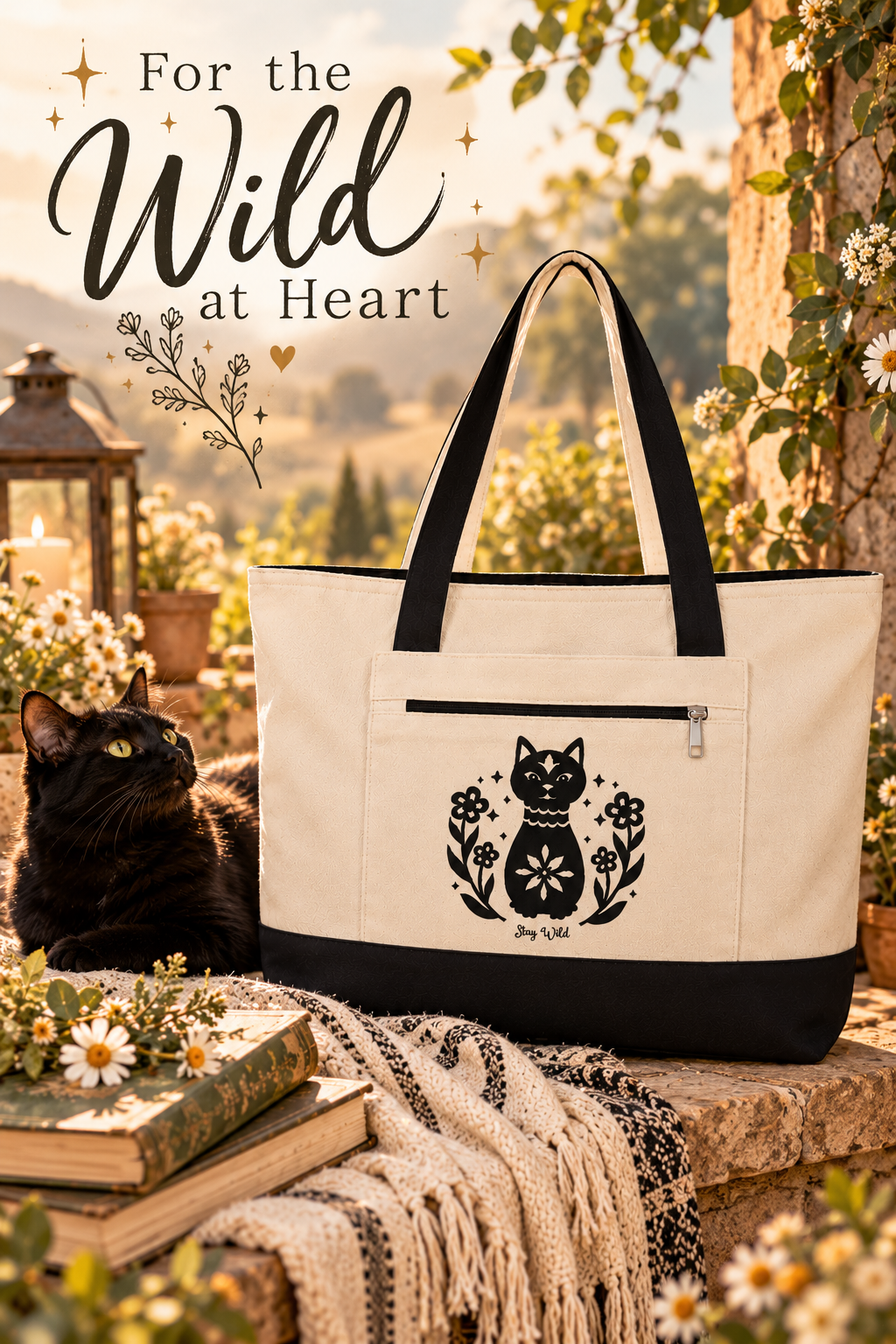 Black Cat Canvas Tote Bag – Zippered Cotton Tote