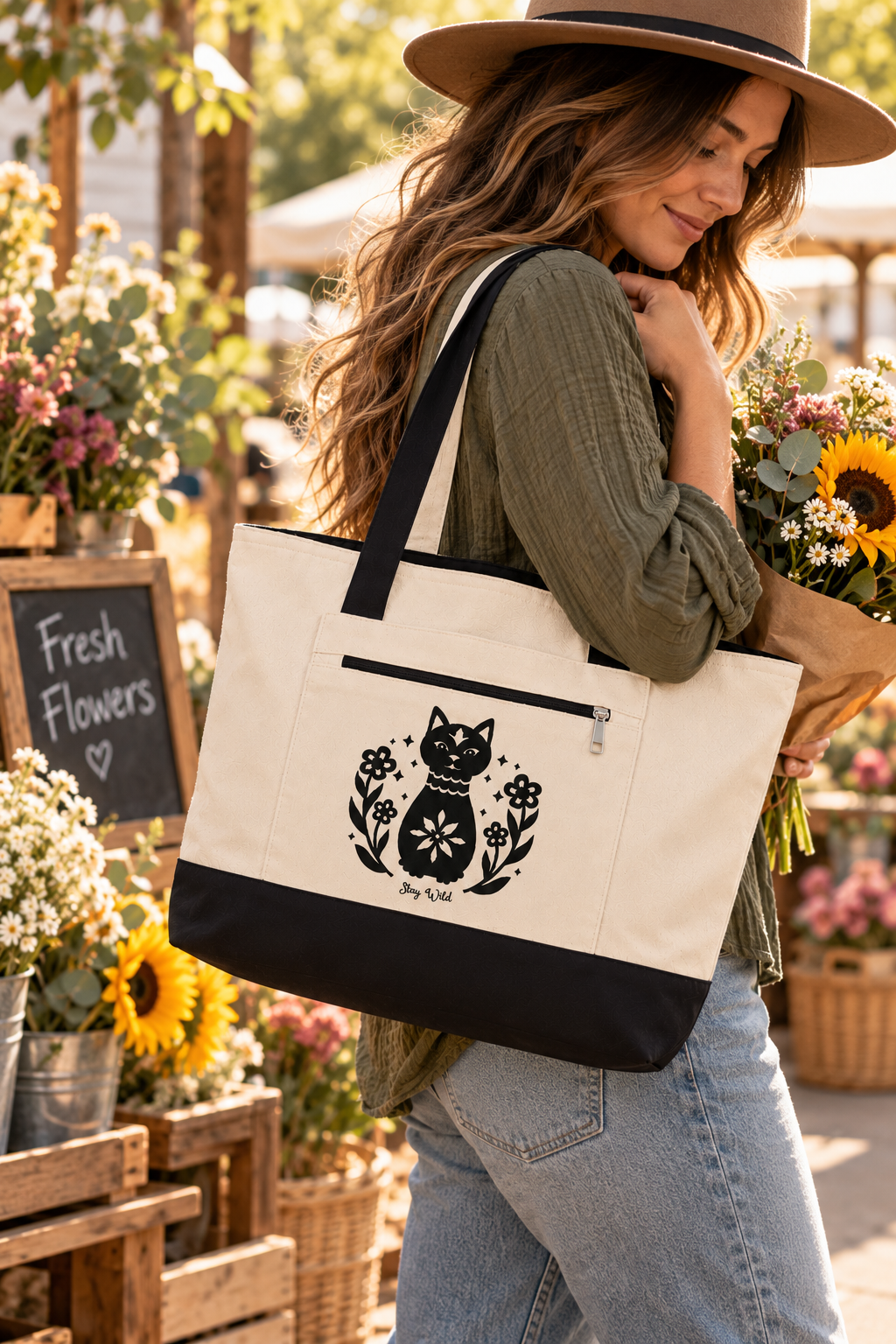 Black Cat Canvas Tote Bag – Zippered Cotton Tote