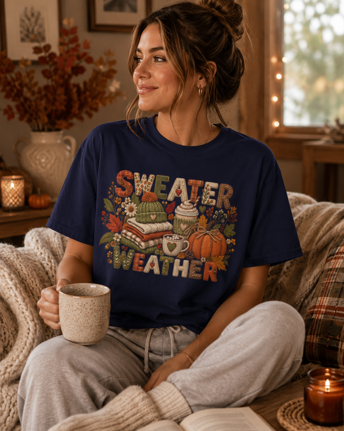 A woman sitting on a cozy couch wearing a navy blue graphic t-shirt that reads 'SWEATER WEATHER' with autumn-themed illustrations, paired with light gray sweatpants in a warm, decorated living room.