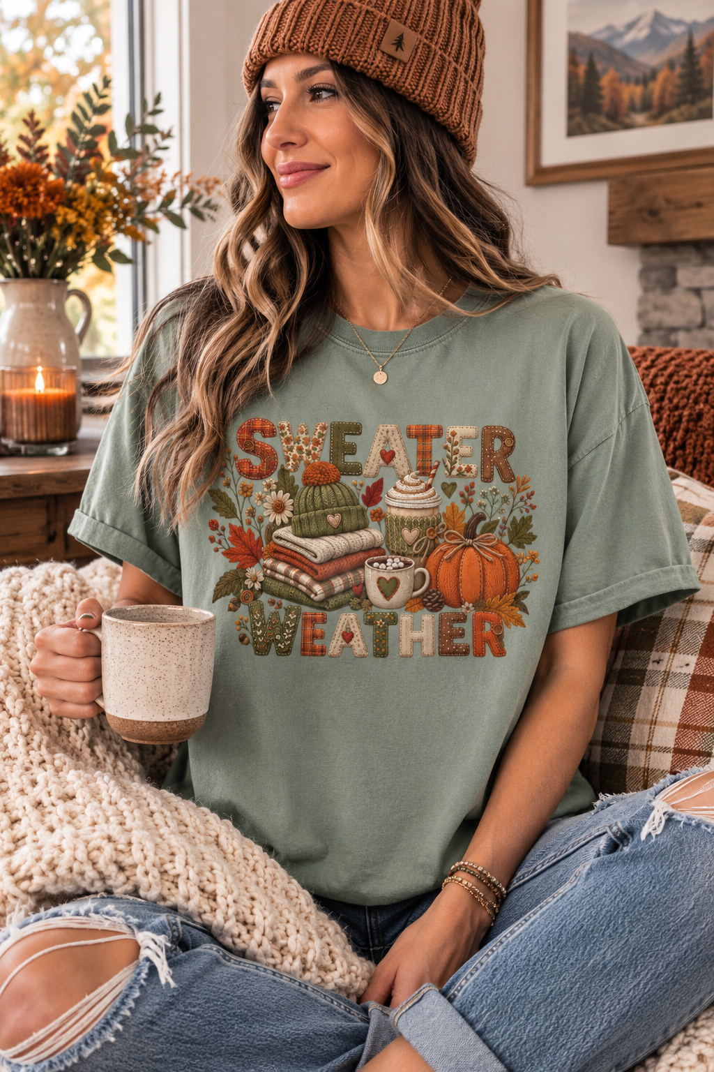 A woman wearing a sage green graphic t-shirt with a 'SWEATER WEATHER' autumn design, sitting in a cozy room and holding a mug.