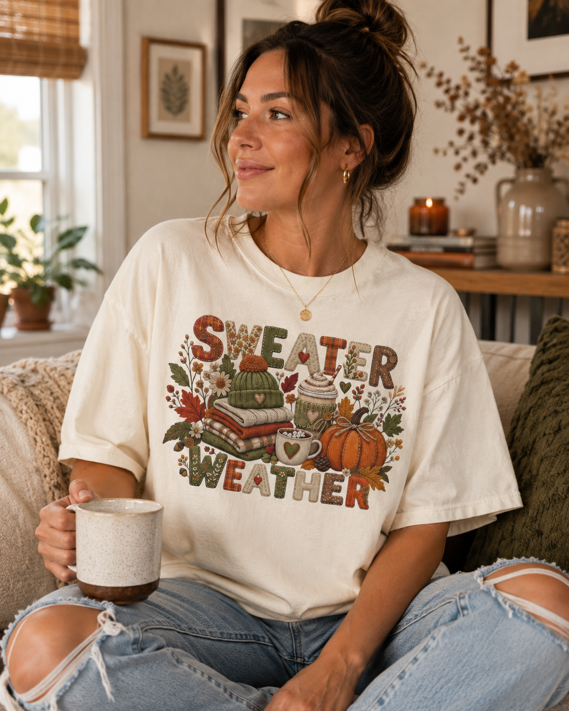 Cream Sweater Weather graphic T-shirt featuring a cozy fall design with stacked sweaters, knit hat, pumpkin, coffee mugs, autumn leaves, and wildflowers in warm earthy colors.