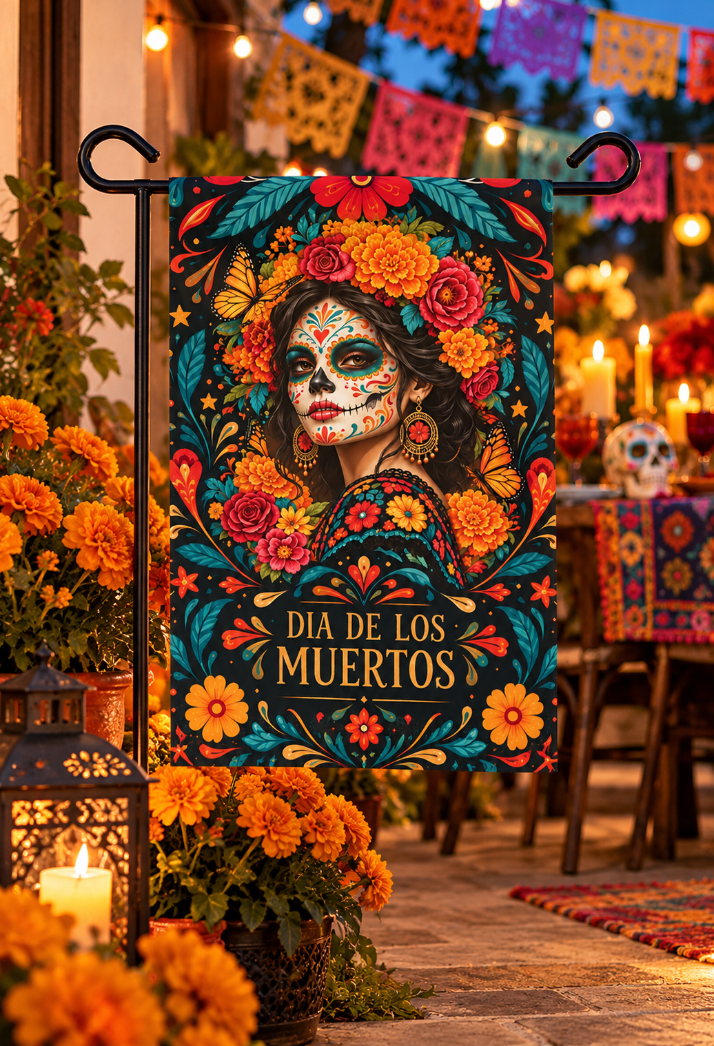 Dia de Los Muertos Garden Flag – Sugar Skull Woman Floral House Banner