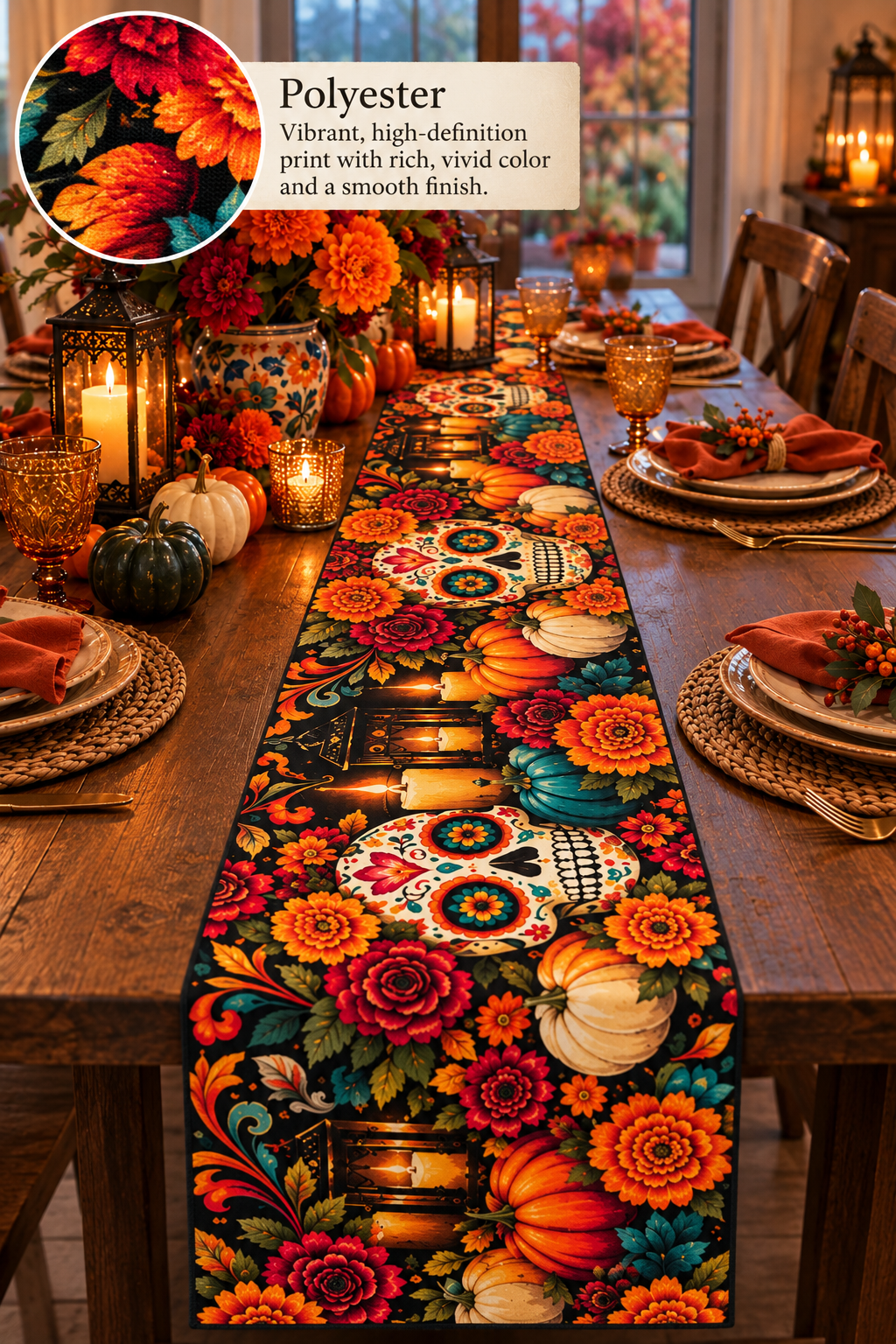 Dia de los Muertos Sugar Skull and Pumpkin Table Runner, Colorful Fall Dining Decor