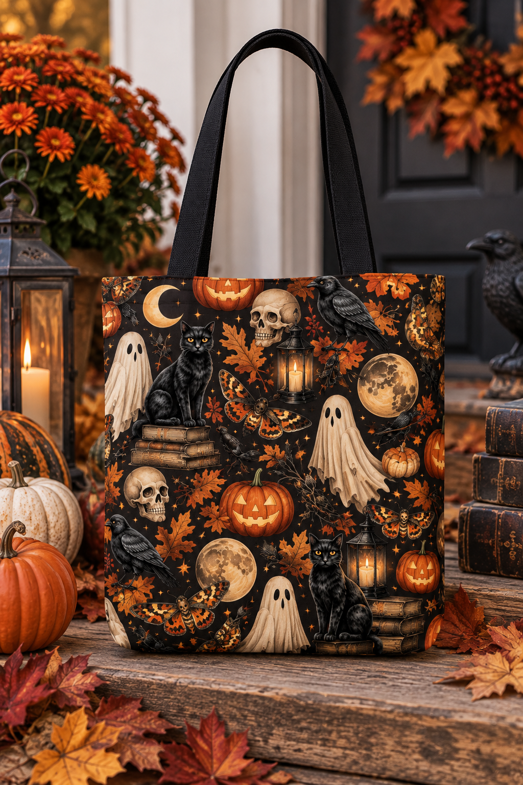 A tote bag with a Halloween-themed print featuring skulls, ghosts, black cats, pumpkins, crows, and full moons on a dark background, displayed on a rustic wooden surface surrounded by autumn leaves, pumpkins, and candles.