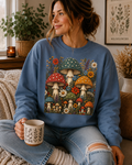 A woman sitting on a couch wearing a dusty blue crewneck sweatshirt with a colorful graphic of mushrooms and wildflowers. She is holding a patterned ceramic mug in a cozy, sunlit room.
