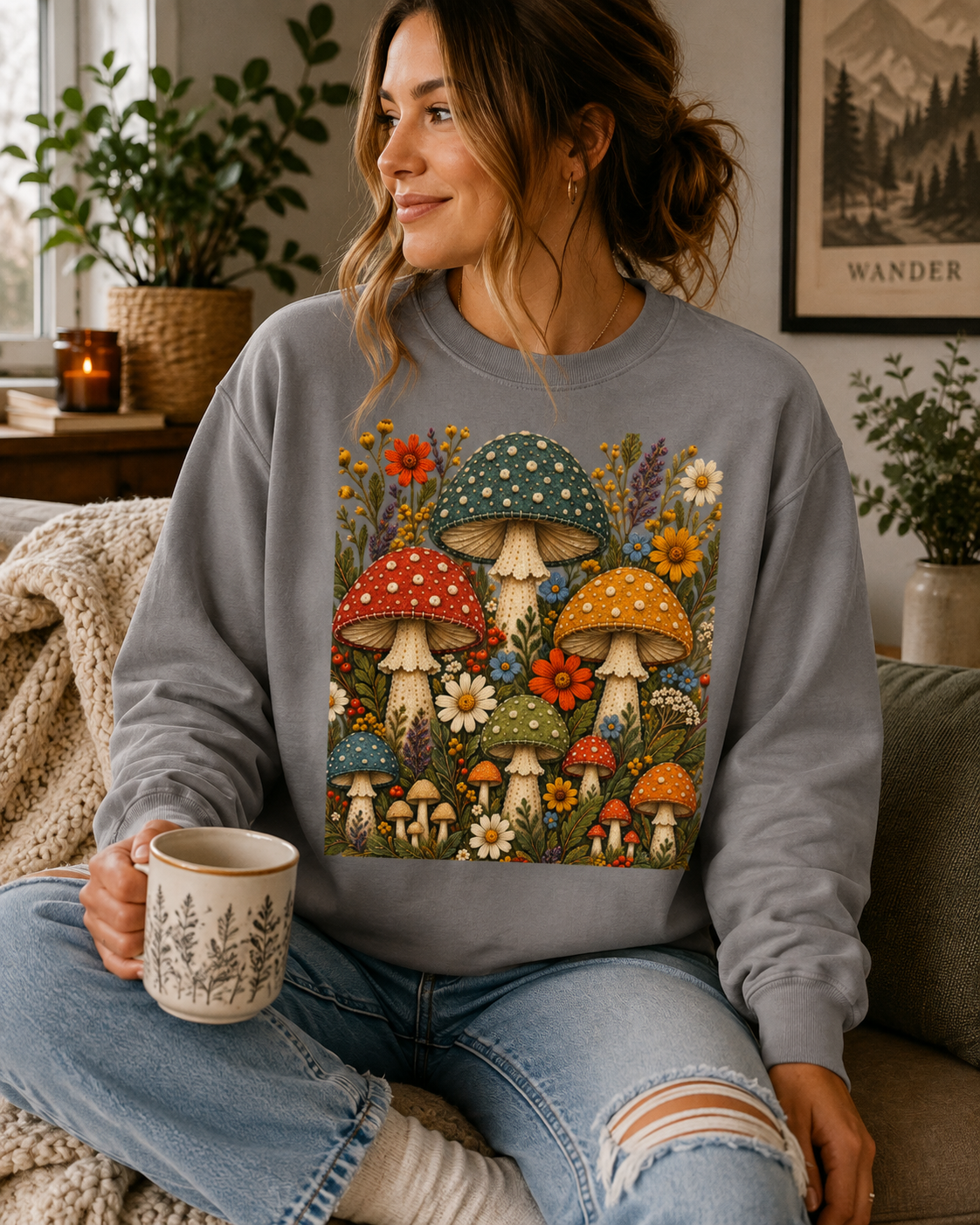 A woman sitting on a couch wearing a heather gray crewneck sweatshirt with a colorful graphic of mushrooms and wildflowers. She is holding a ceramic mug in a cozy, plant-filled room.