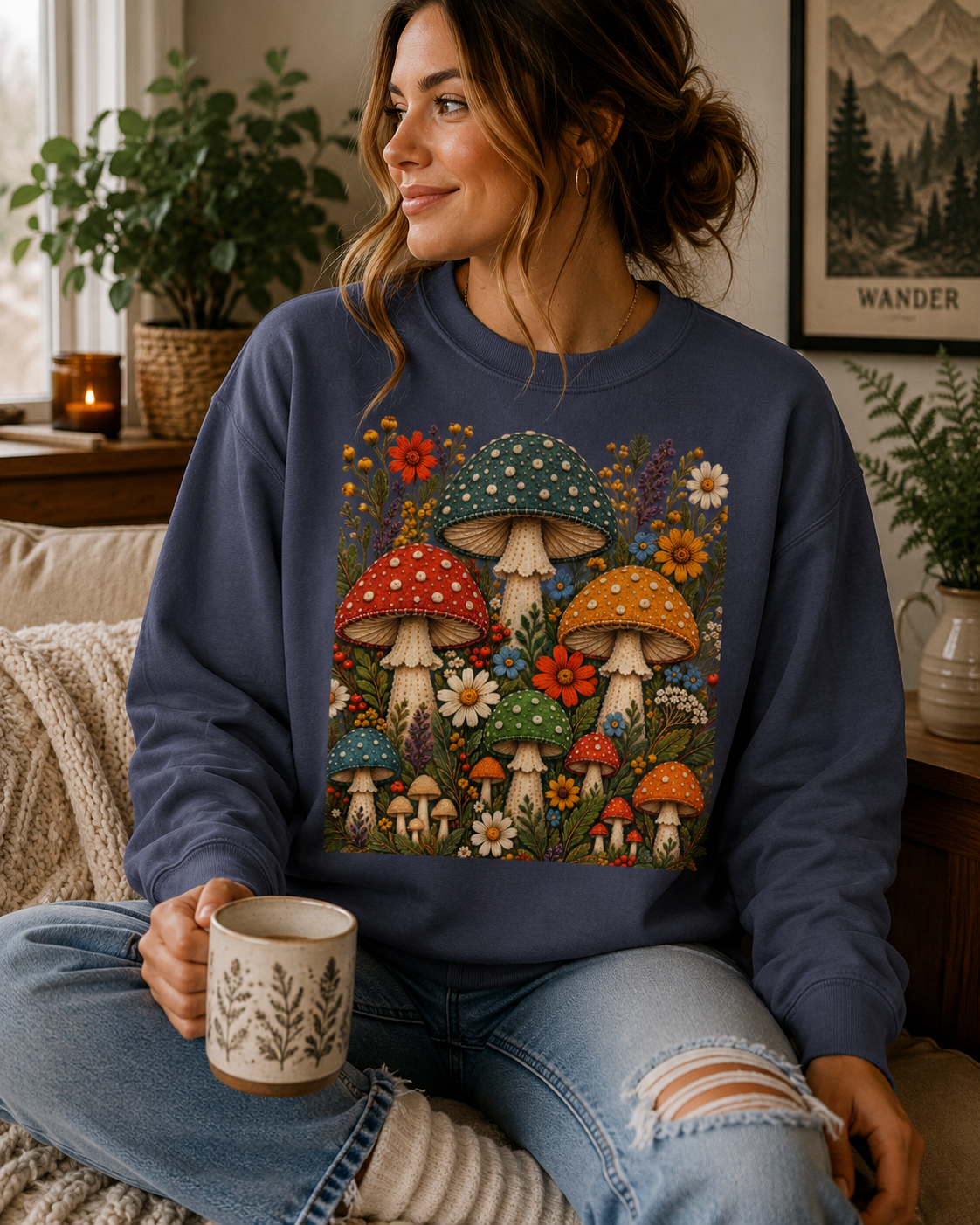 A woman sitting on a couch wearing a navy blue sweatshirt with a colorful mushroom and flower graphic on the front, paired with ripped blue jeans and holding a ceramic mug.