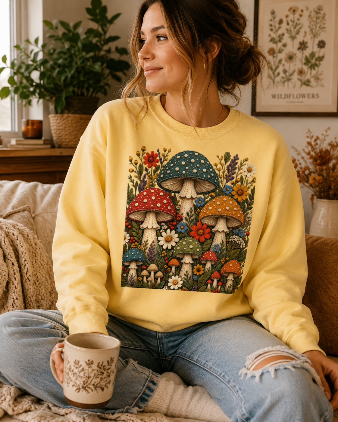 A woman sitting on a couch wearing a pale yellow crewneck sweatshirt with a colorful mushroom and wildflower graphic on the front, paired with light blue ripped jeans and holding a ceramic mug.