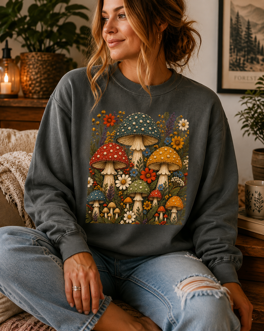 Woman wearing a charcoal sweatshirt with a vintage-style mushroom and wildflower graphic featuring teal, rust, mustard, and olive mushrooms in a cozy botanical setting.