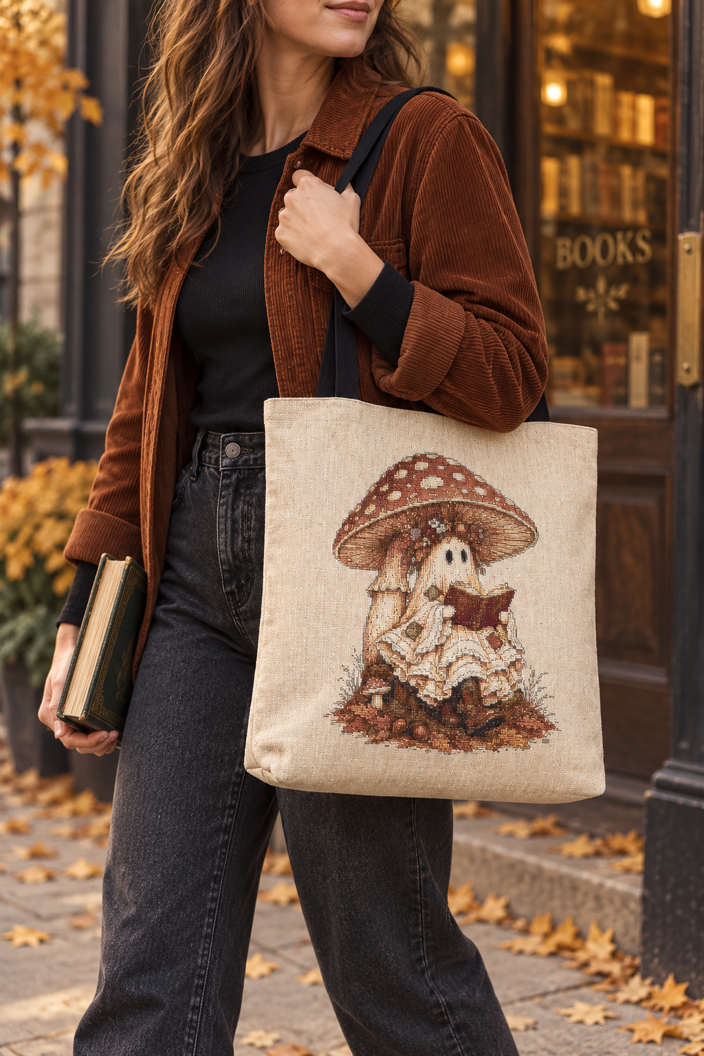 A woman outdoors carrying a beige canvas tote bag with a printed illustration of a patchwork ghost under a large mushroom reading a book. The scene includes a brown corduroy jacket, a black top, dark jeans, and fallen autumn leaves near a bookstore entrance.