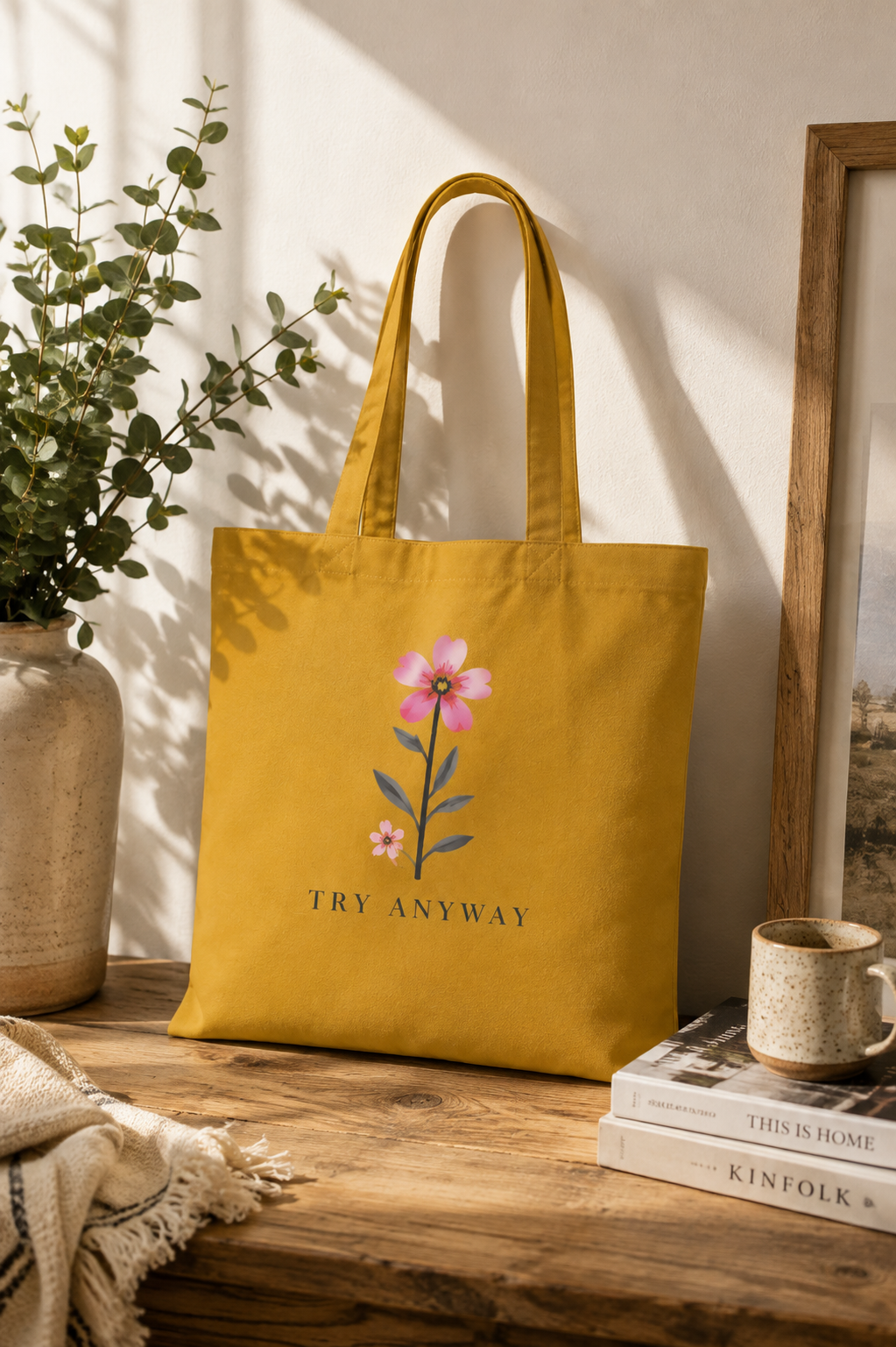 A mustard yellow canvas tote bag with a pink flower graphic and the text 'TRY ANYWAY' printed on it, styled on a rustic wooden table with a potted plant, a mug, and books in a warm, sunlit room.
