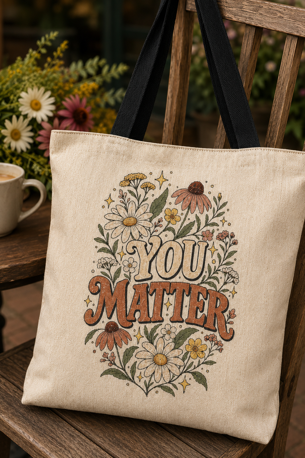A beige canvas tote bag with black handles, featuring a 'YOU MATTER' floral graphic, resting on a rustic wooden chair next to a mug of coffee with flowers in the background.