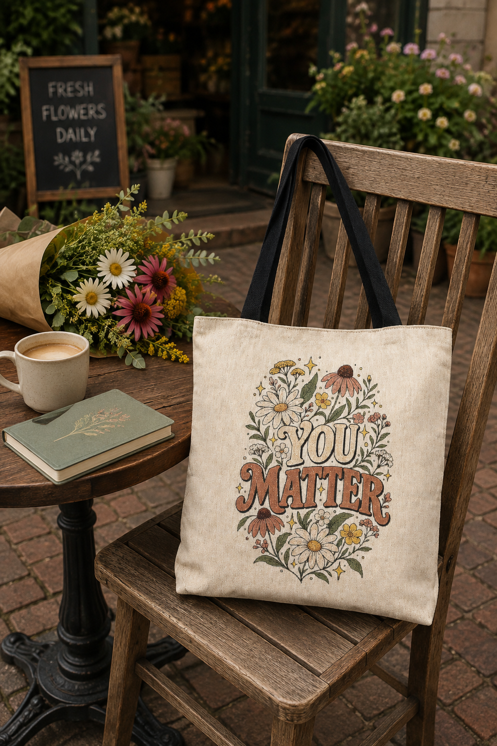 A canvas tote bag with black shoulder straps sits on a wooden chair in a cafe or flower shop setting. The bag is off-white with a central floral illustration and the words 'YOU MATTER' in a retro style.