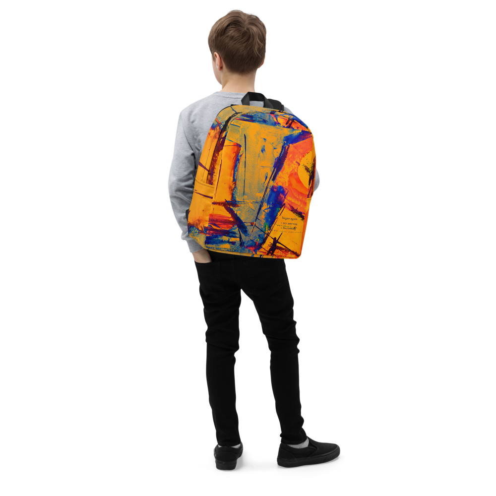 A child viewed from behind wearing a colorful abstract-print backpack, gray long-sleeve shirt, and black pants against a plain white background.