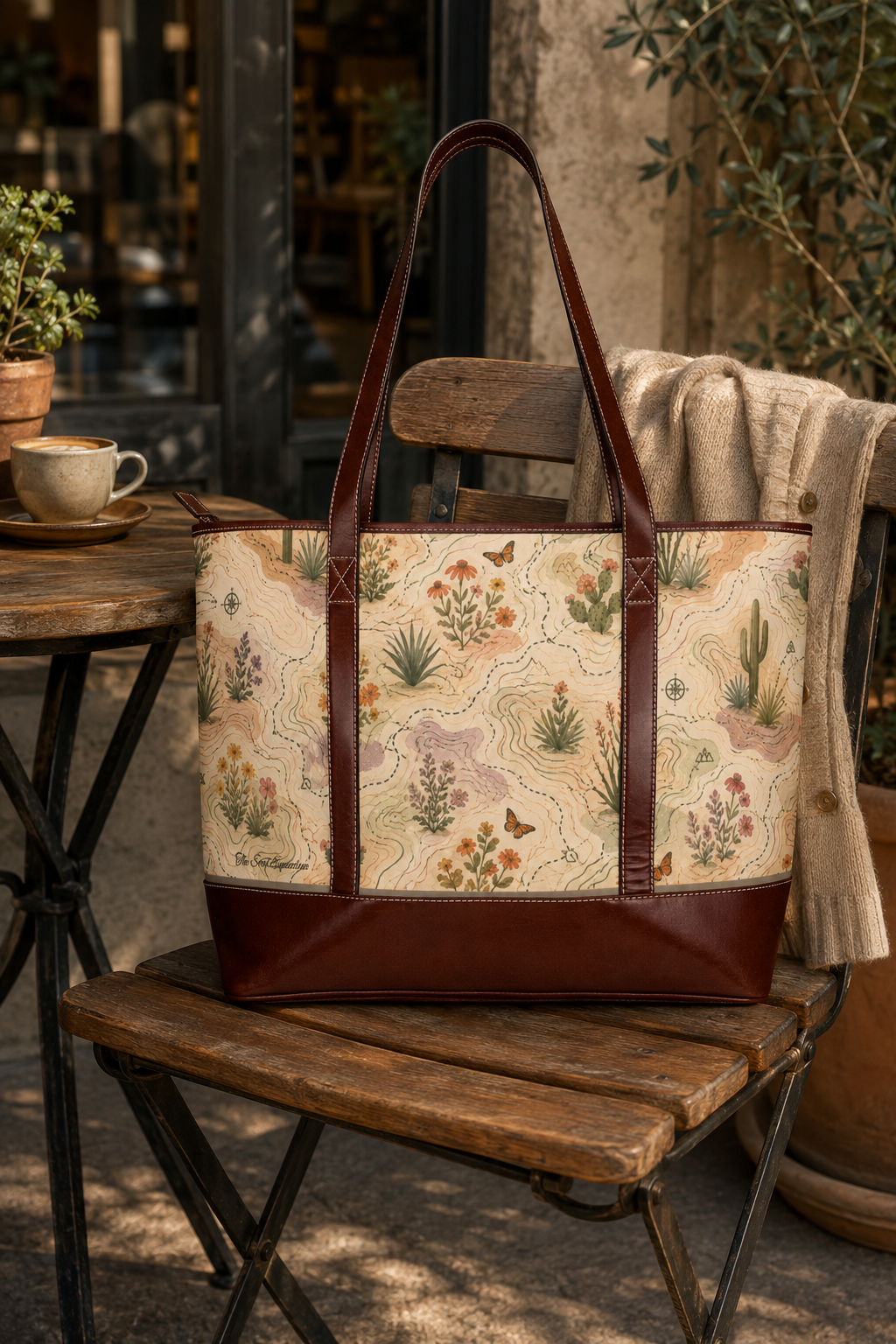 A tote bag with a botanical and butterfly patterned canvas body and dark brown leather trim, resting on a rustic wooden chair in an outdoor patio setting.