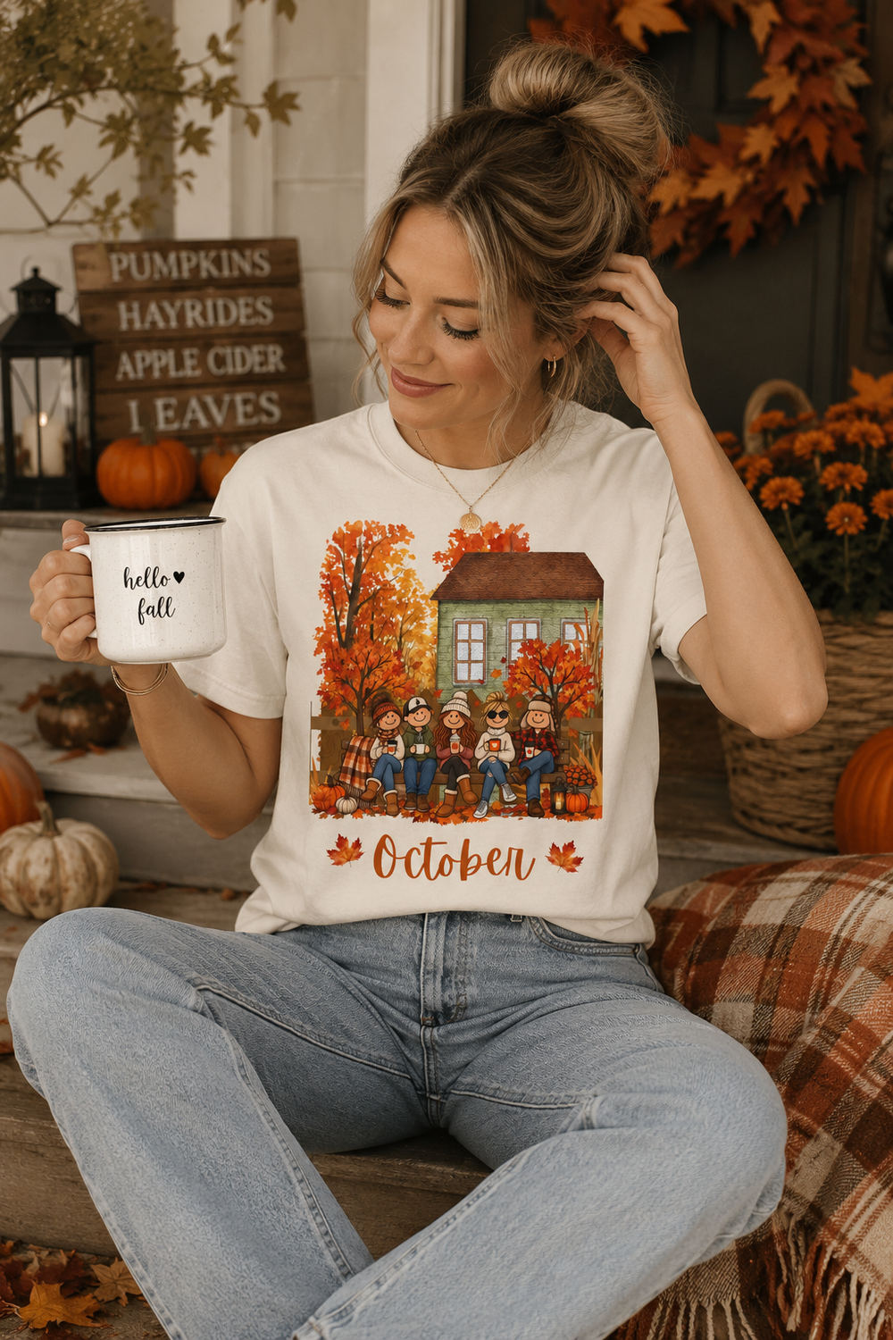 October Family Fall T-Shirt — Cozy Harvest Scene Tee